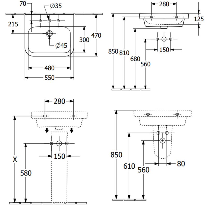 Villeroy & Boch Architectura Wall Hung Basin 550mm Wide - 1 Tap Hole