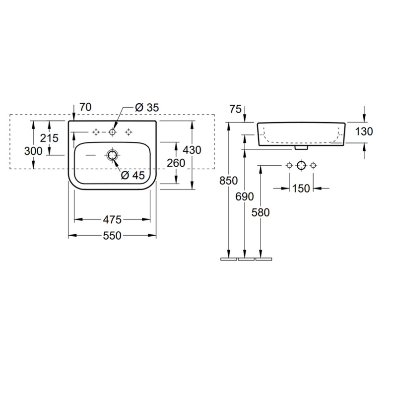 Villeroy & Boch Architectura Semi-Recessed Basin 550mm Wide - 1 Tap Hole