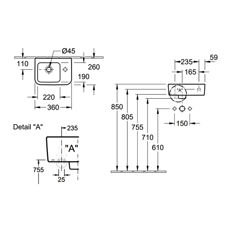 Villeroy & Boch Architectura Wall Hung Basin 360mm Wide - 1 Right Hand Tap Hole