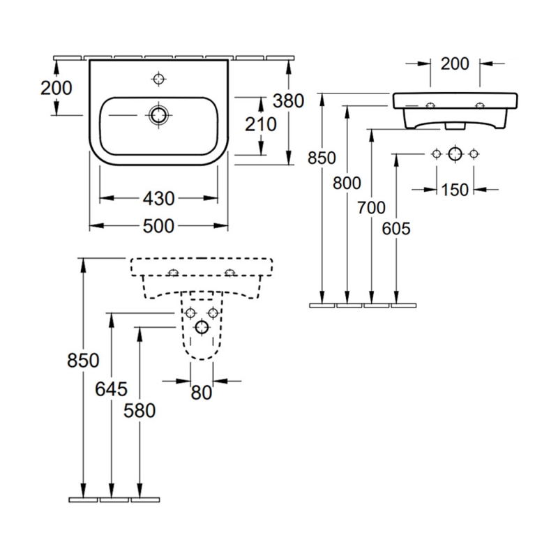 Villeroy & Boch Architectura Wall Hung Basin 500mm Wide - 1 Tap Hole
