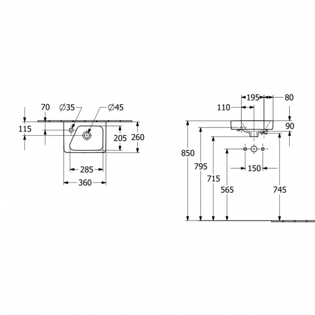 Villeroy & Boch Architectura Rectangle Wall Hung Basin 360mm Wide - 1 Left Hand Tap Hole