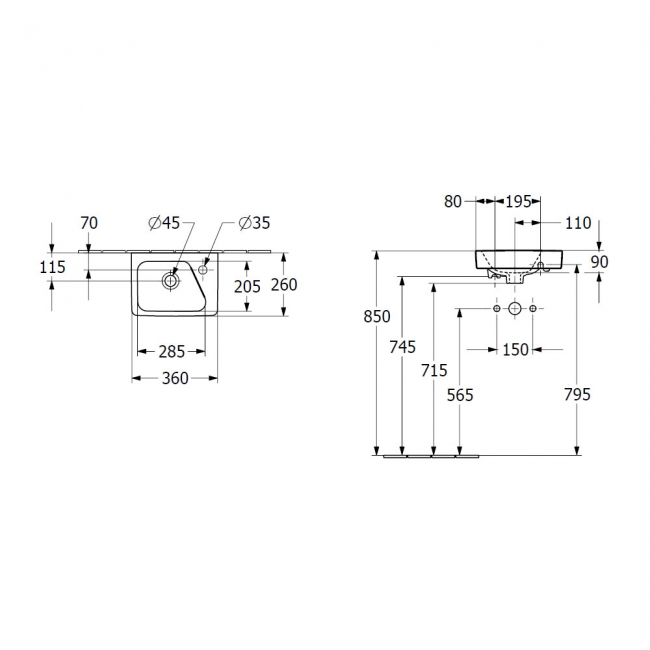 Villeroy & Boch Architectura Rectangle Wall Hung Basin 360mm Wide - 1 Right Hand Tap Hole  | Dimension Image
