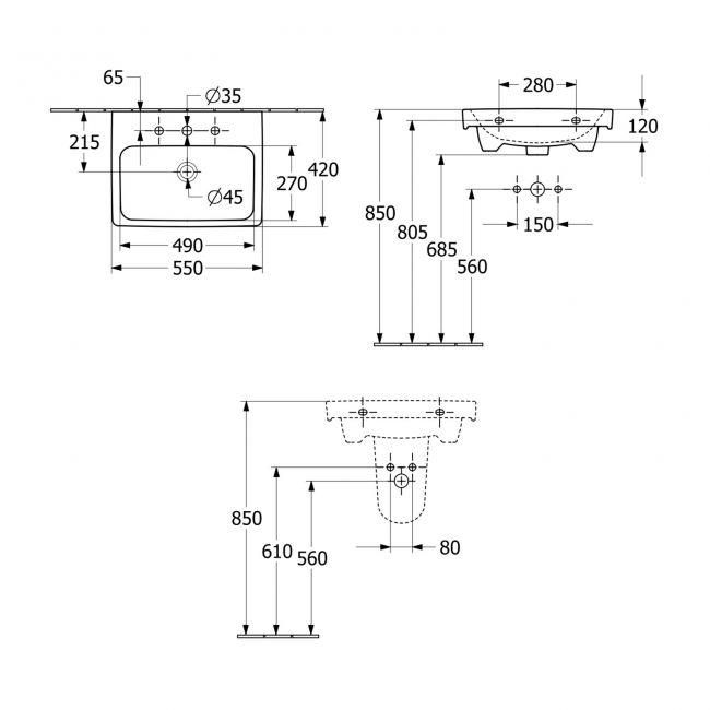 Villeroy & Boch Architectura Rectangle Wall Hung Basin 550mm Wide - 1 Tap Hole