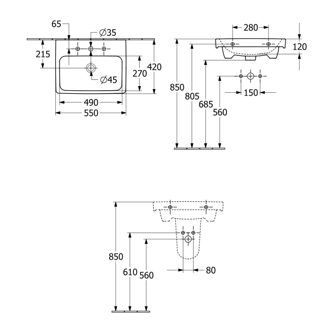Villeroy & Boch Architectura Basin and Semi Pedestal 550mm Wide - 1 Tap Hole  | Dimension Image