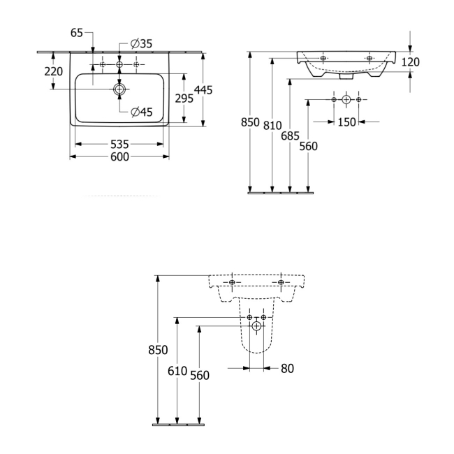 Villeroy & Boch Architectura Basin and Semi Pedestal 600mm Wide - 1 Tap Hole