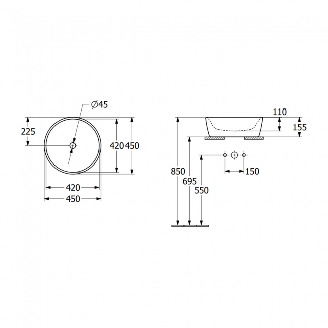 Villeroy & Boch Architectura Round Sit-On Countertop Basin 450mm Wide - 0 Tap Hole  | Dimension Image