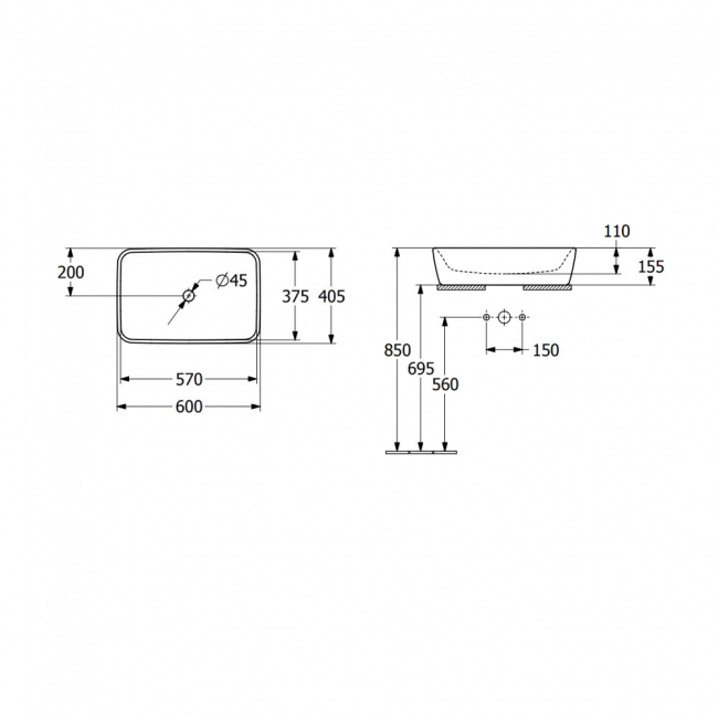 Villeroy & Boch Architectura Rectangular Sit-On Countertop Basin 600mm Wide - 0 Tap Hole