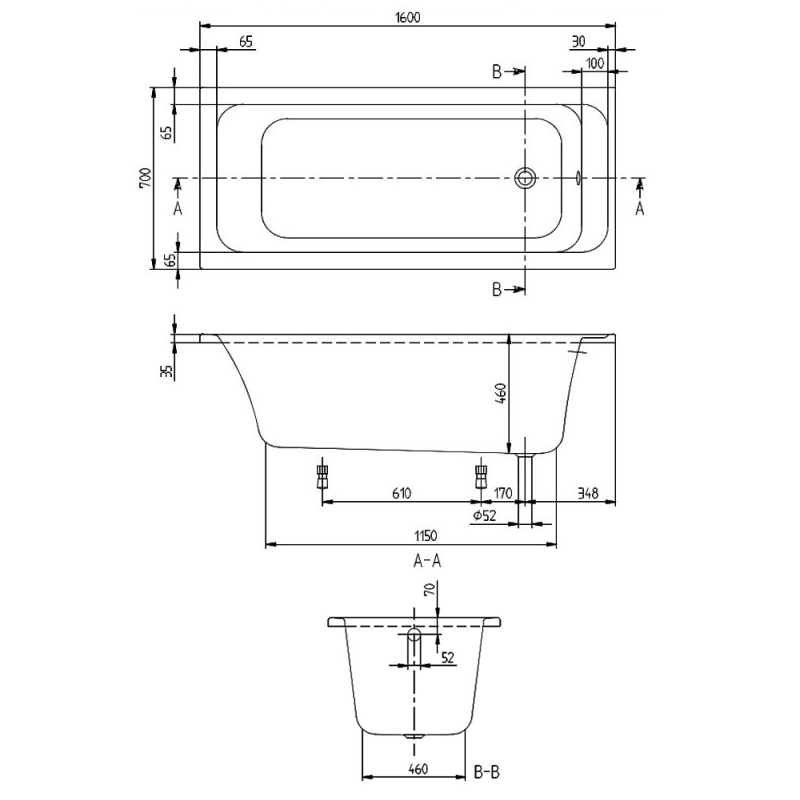 Villeroy & Boch Architectura Rectangular Acrylic Bath 1600mm x 700mm - 0 Tap Hole (inc Leg Set)