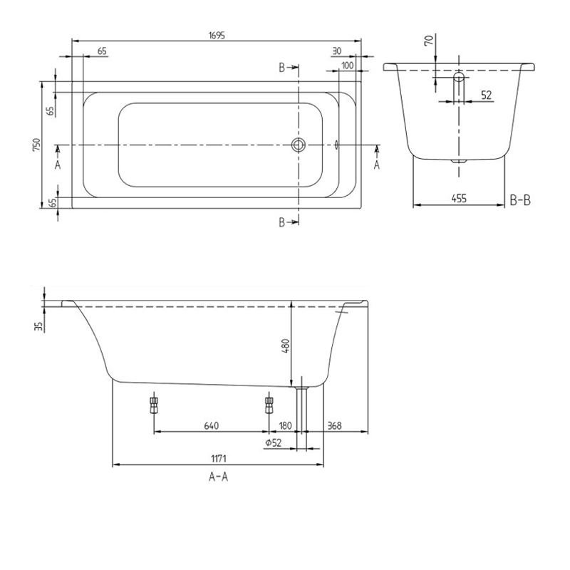Villeroy & Boch Architectura Rectangular Acrylic Bath 1700mm x 750mm - 0 Tap Hole (inc Leg Set)