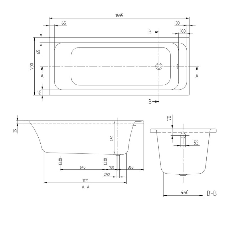 Villeroy & Boch Architectura Rectangular Acrylic Bath 1700mm x 700mm - 0 Tap Hole (inc Leg Set)