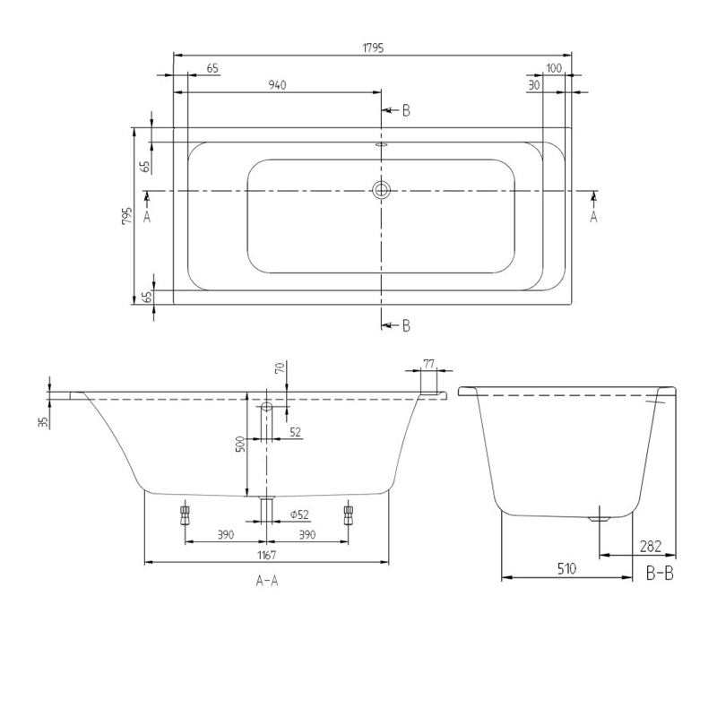 Villeroy & Boch Architectura Rectangular Acrylic Bath 1800mm x 800mm - 0 Tap Hole (inc Leg Set)