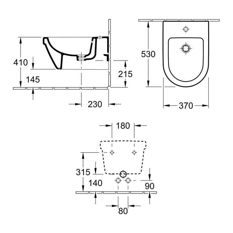 Villeroy & Boch Architectura Wall Hung Bidet 370mm Wide - 1 Tap Hole
