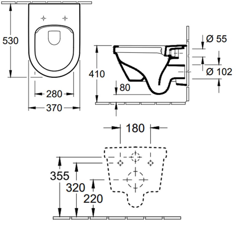 Villeroy & Boch Architectura Rimless Wall Hung Toilet with Soft Close Seat  | Dimension Image