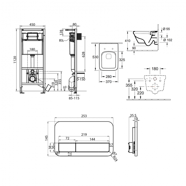 Villeroy & Boch Architectura Square Wall Hung Toilet Bundle with ViPro 2.0 Frame and White Flush Plate