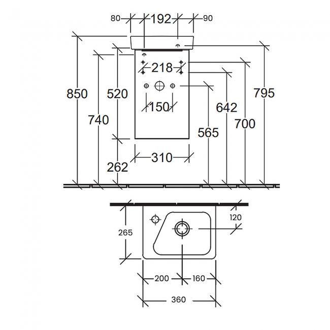 Villeroy & Boch Architectura Wall Hung 1-Door Vanity Unit with Basin LH 360mm Wide - White  | Dimension Image