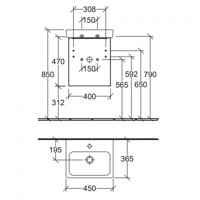 Villeroy & Boch Architectura Wall Hung 1-Drawer Vanity Unit with Basin 450mm Wide - Oak Kansas  | Dimension Image