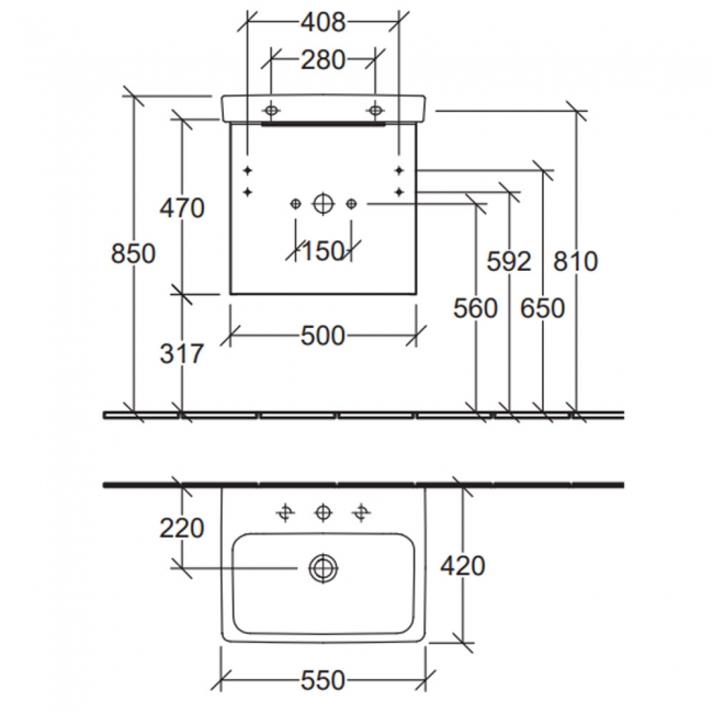 Villeroy & Boch Architectura Wall Hung 1-Drawer Vanity Unit with Basin 550mm Wide - Oak Kansas  | Dimension Image