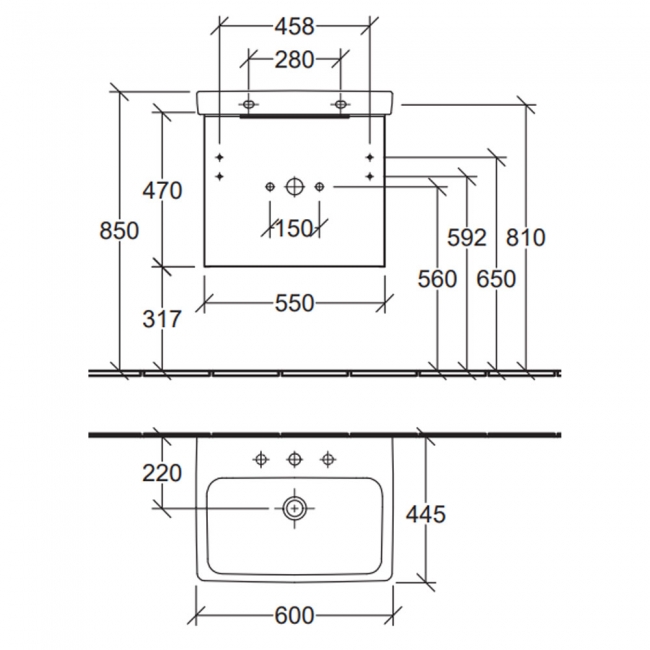 Villeroy & Boch Architectura Wall Hung 1-Drawer Vanity Unit with Basin 600mm Wide - Oak Kansas  | Dimension Image