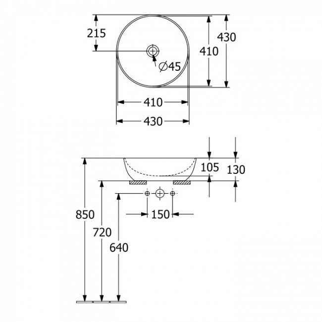 Villeroy & Boch Artis Round Sit-On Countertop Basin 430mm Diameter - 0 Tap Hole  | Dimension Image