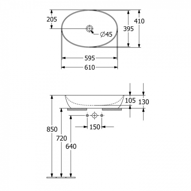 Villeroy & Boch Artis Oval Sit-On Countertop Basin 610mm Wide - 0 Tap Hole  | Dimension Image