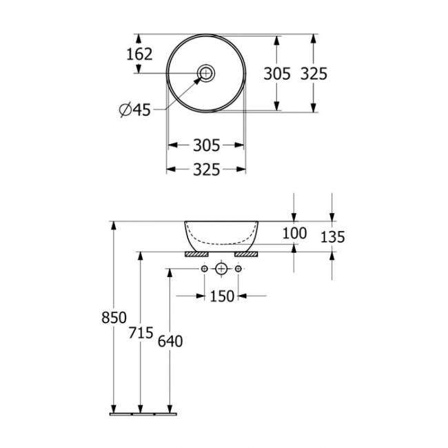 Villeroy & Boch Artis Round Sit-On Countertop Basin 325mm Diameter - 0 Tap Hole  | Dimension Image