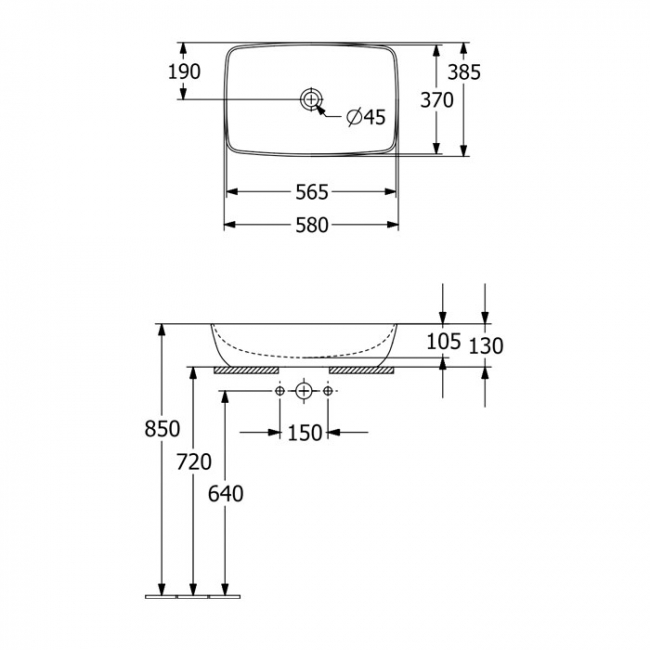 Villeroy & Boch Artis Rectangular Sit-On Countertop Basin 580mm Wide - 0 Tap Hole  | Dimension Image