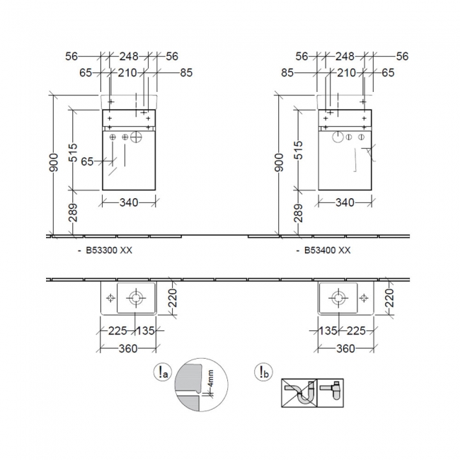 Villeroy & Boch Arto Wall Hung 1-Door Vanity Unit with Basin LH 360mm Wide - Satin Grey  | Dimension Image