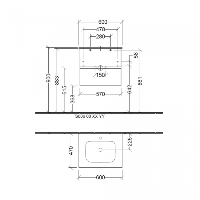 Villeroy & Boch Arto Wall Hung 2-Drawer Vanity Unit with Basin 600mm Wide - Sand Grey Matt  | Dimension Image