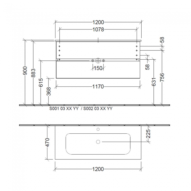 Villeroy & Boch Arto Wall Hung 2-Drawer Vanity Unit with Basin 1200mm Wide - Satin Grey  | Dimension Image