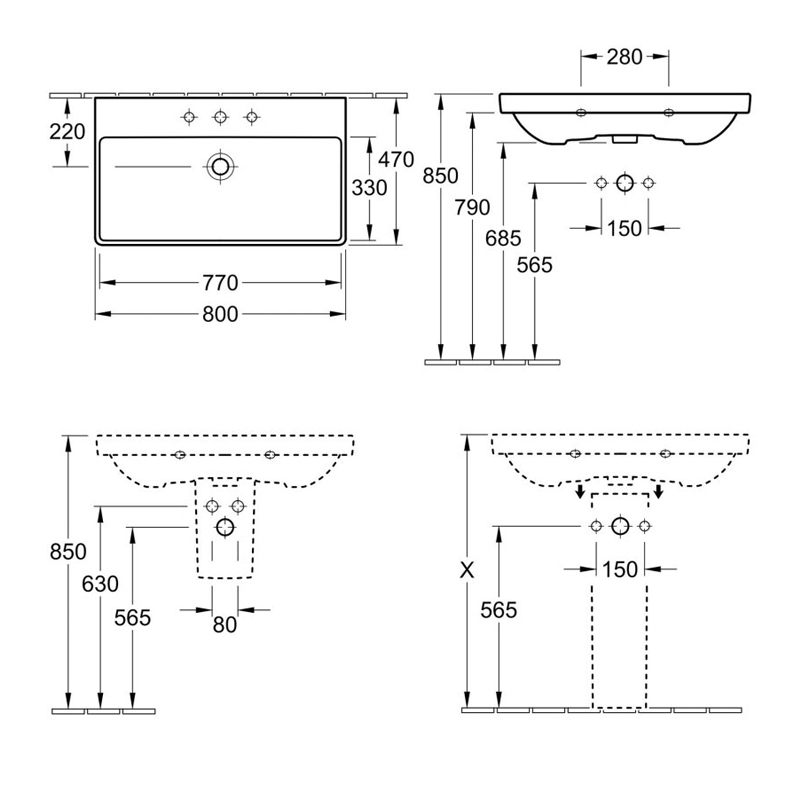 Villeroy & Boch Avento Wall Hung Basin 800mm Wide - 1 Tap Hole