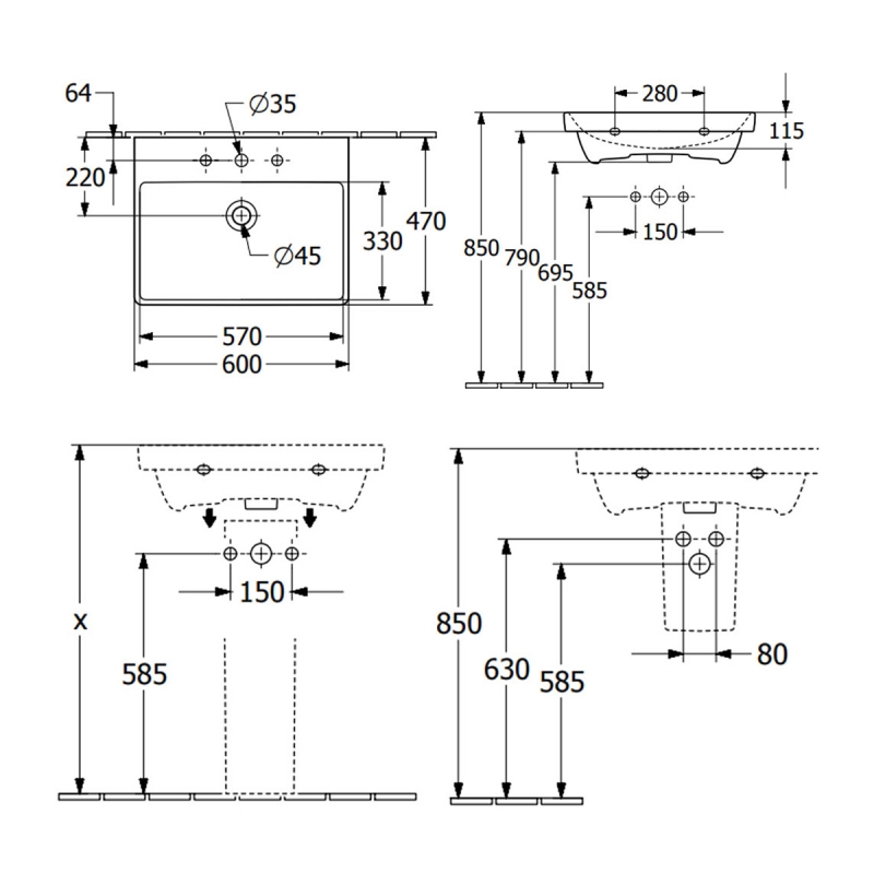 Villeroy & Boch Avento Wall Hung Basin 600mm Wide - 1 Tap Hole