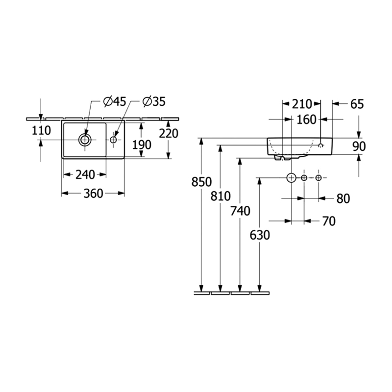 Villeroy & Boch Avento Wall Hung Basin 360mm Wide - 1 Right Hand Tap Hole