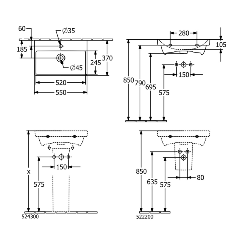 Villeroy & Boch Avento Compact Wall Hung Basin 550mm Wide - 1 Tap Hole
