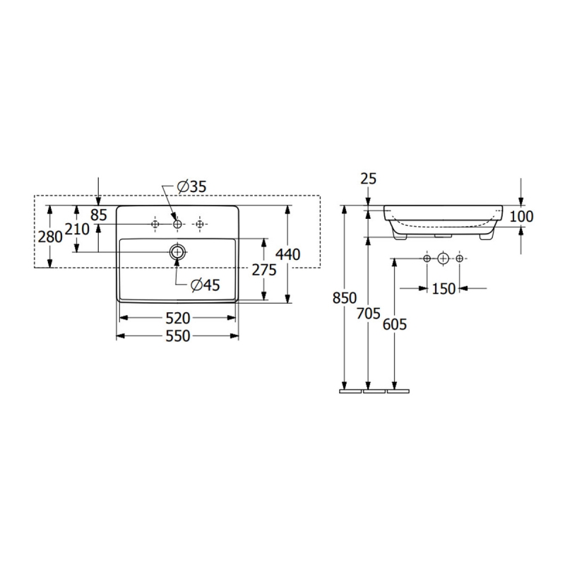 Villeroy & Boch Avento Semi-Recessed Basin 550mm Wide - 1 Tap Hole