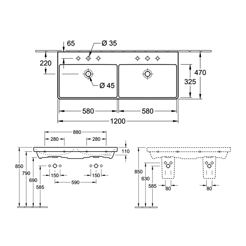 Villeroy & Boch Avento Double Basin 1200mm Wide - 2 Tap Hole