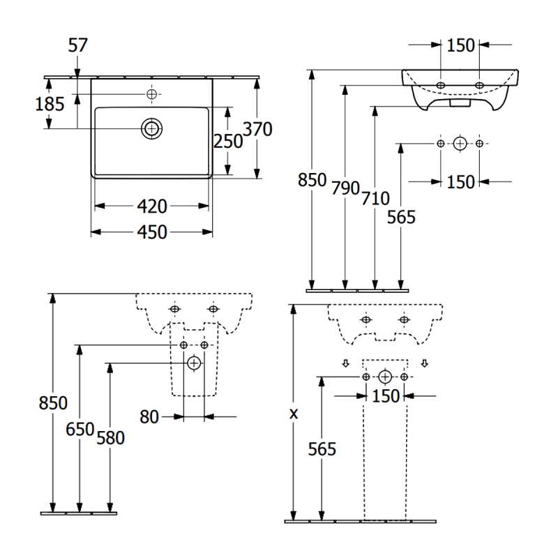 Villeroy & Boch Avento Wall Hung Basin 450mm Wide - 1 Tap Hole