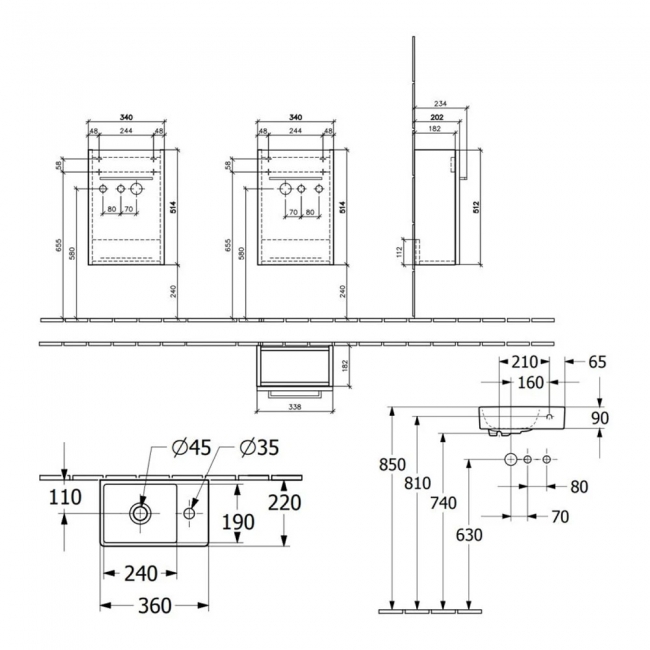 Villeroy & Boch Avento Wall Hung Vanity Unit RH with Basin 360mm Wide - Stone Oak with Chrome Handle  | Dimension Image