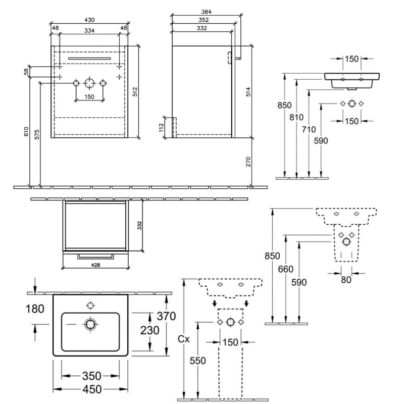 Villeroy & Boch Avento Wall Hung Vanity Unit RH with Basin 450mm Wide - Stone Oak with Chrome Handle  | Dimension Image