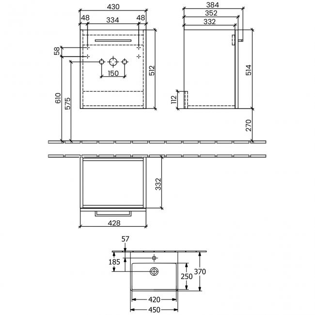 Villeroy & Boch Avento Wall Hung Vanity Unit RH with Basin 450mm Wide - Graphite with Black Handle