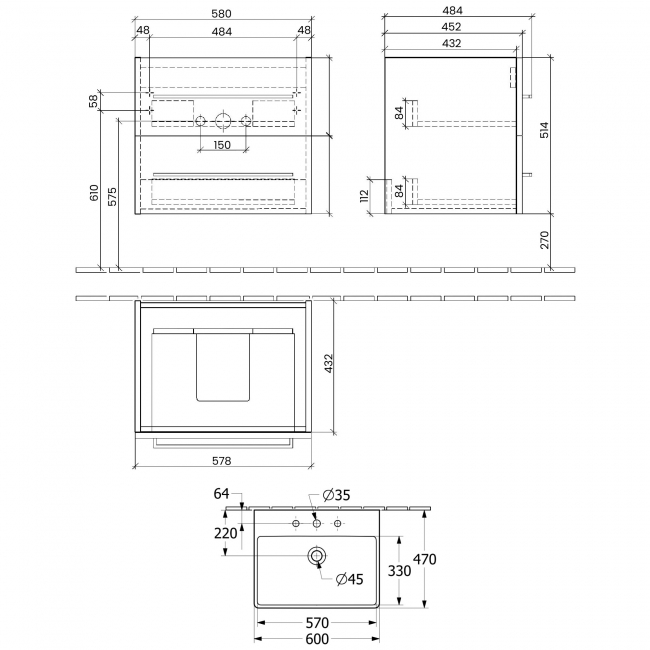 Villeroy & Boch Avento 2-Drawer Vanity Unit with Basin 600mm Wide - Graphite with Chrome Handles