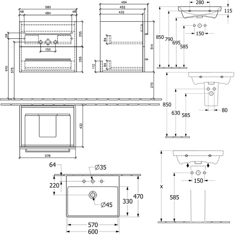 Villeroy & Boch Avento 2-Drawer Vanity Unit with Basin 600mm Wide - Oak Kansas with Chrome Handles