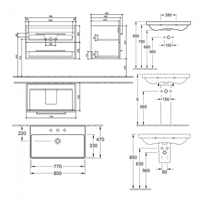 Villeroy & Boch Avento 2-Drawer Vanity Unit with Basin 800mm Wide - Stone Oak with Chrome Handles  | Dimension Image