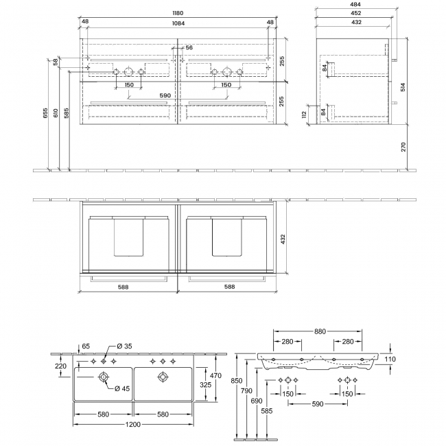Villeroy & Boch Avento 4-Drawer Double Vanity Unit with Basin 1200mm Wide - Graphite with Chrome Handles  | Dimension Image