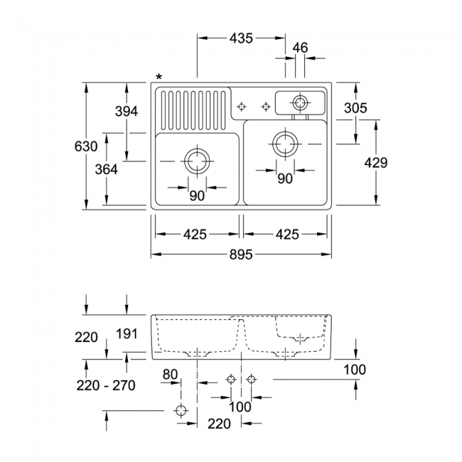 Villeroy & Boch Butler 90 1.75 Bowl Ceramic Kitchen Sink 895mm L x 630mm W - White Alpin