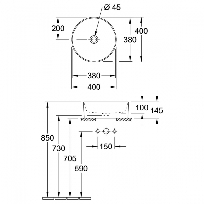Villeroy & Boch Collaro Round Sit-On Countertop Basin 400mm Wide - 0 Tap Hole  | Dimension Image