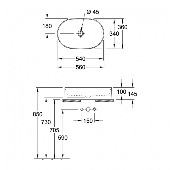 Villeroy & Boch Collaro Oval Sit-On Countertop Basin 560mm Wide - 0 Tap Hole  | Dimension Image