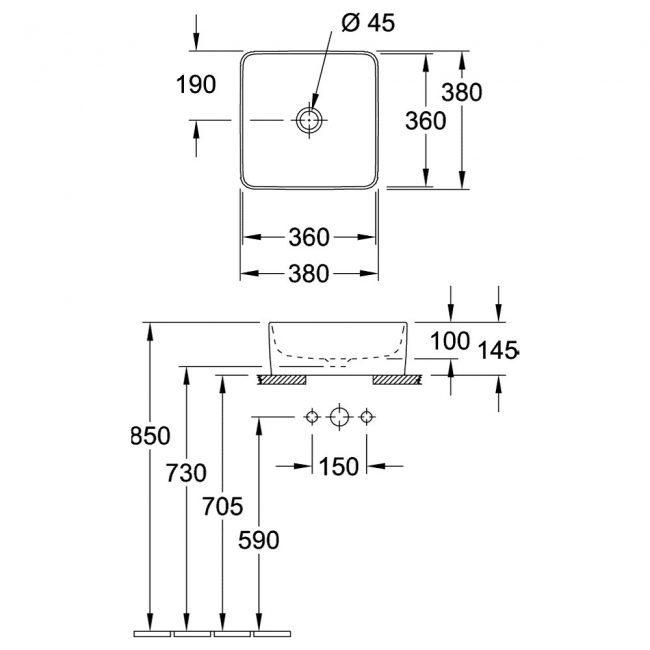 Villeroy & Boch Collaro Square Sit-On Countertop Basin 380mm Wide - 0 Tap Hole