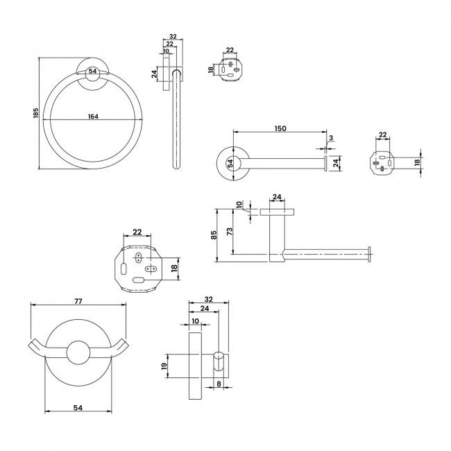 V&B Elements Tender Toilet Roll Holder, Towel Ring and Double Hook - Chrome