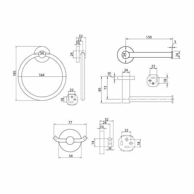 V&B Elements Tender Toilet Roll Holder, Towel Ring and Double Robe Hook - Brushed Nickel