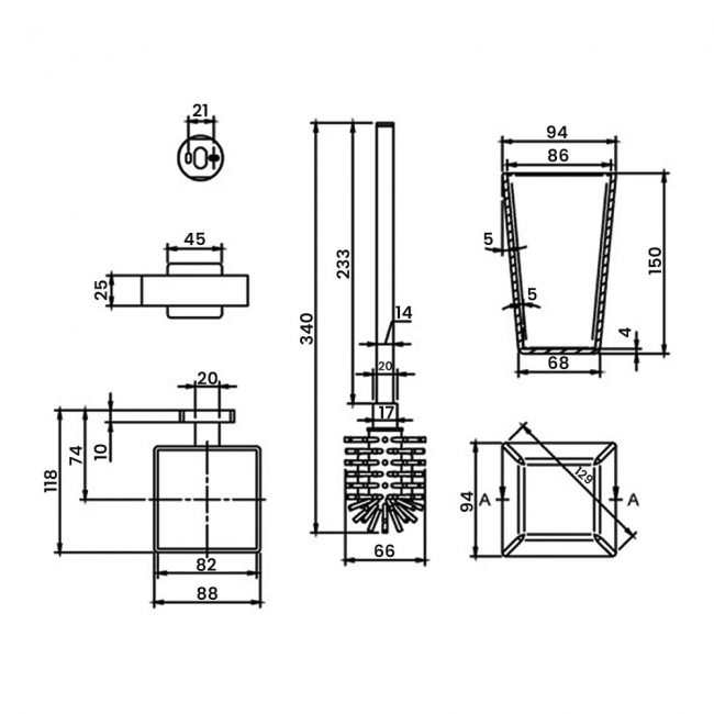Villeroy & Boch Elements Striking Toilet Brush and Holder - Matt Black  | Dimension Image